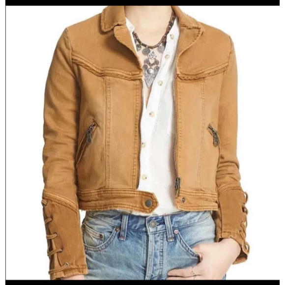 FREE PEOPLE Vintage Distressed Jacket Jean Jacket Lace Up Sleeves size M NWOT - Picture 12 of 13